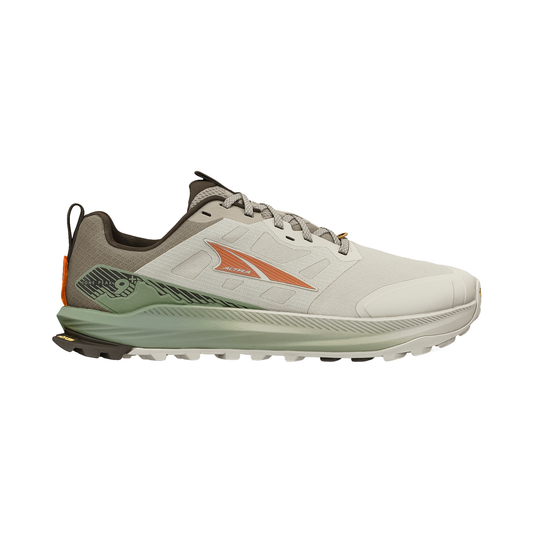 Beige and green Altra men's Lone Peak 9+ trail running shoe, featuring a roomy toe box and Vibram outsole for grip on rugged terrain.