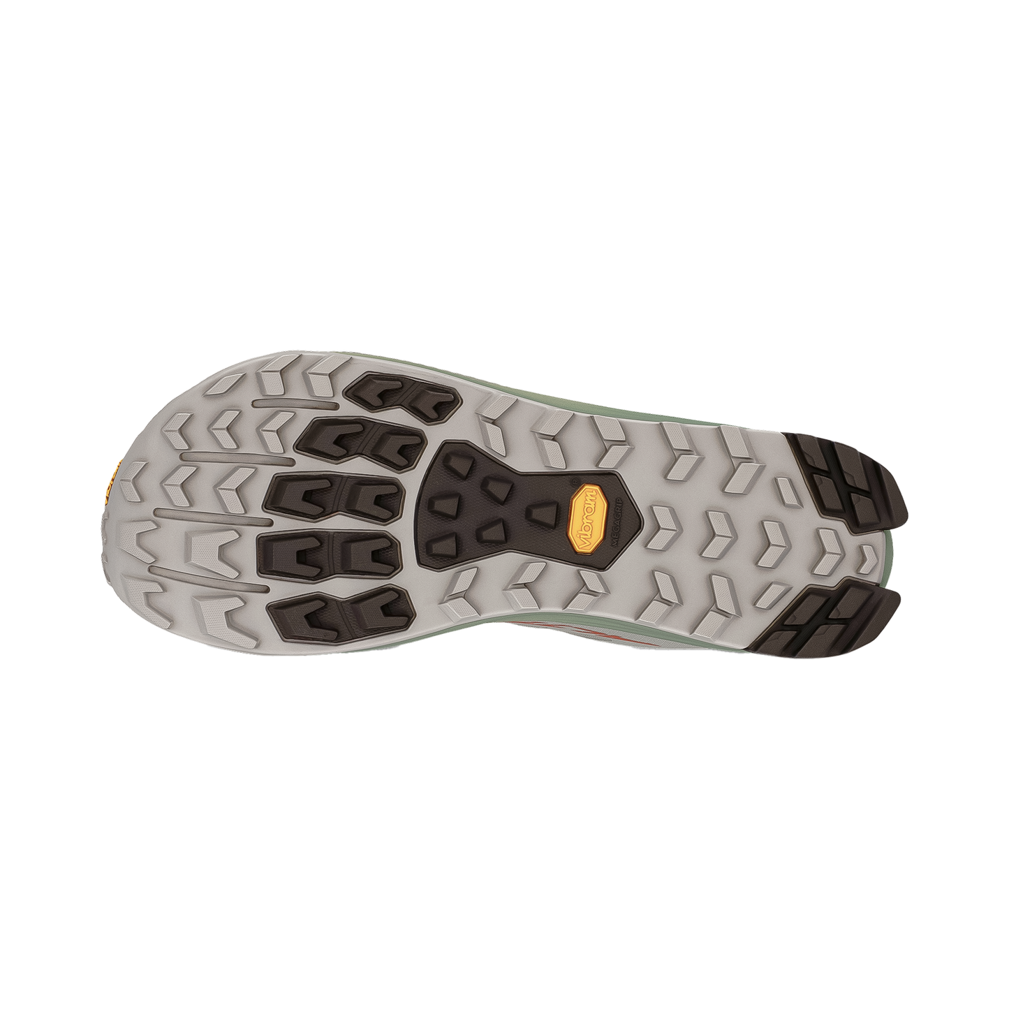 Sole of beige and green Altra Lone Peak 9+ shoe on a white background, showcasing its Vibram Megagrip outsole for trail traction.
