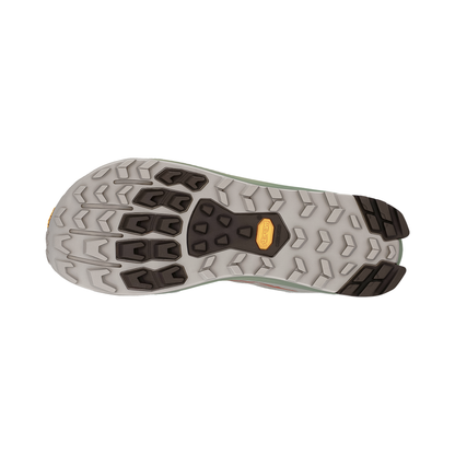 Sole of beige and green Altra Lone Peak 9+ shoe on a white background, showcasing its Vibram Megagrip outsole for trail traction.