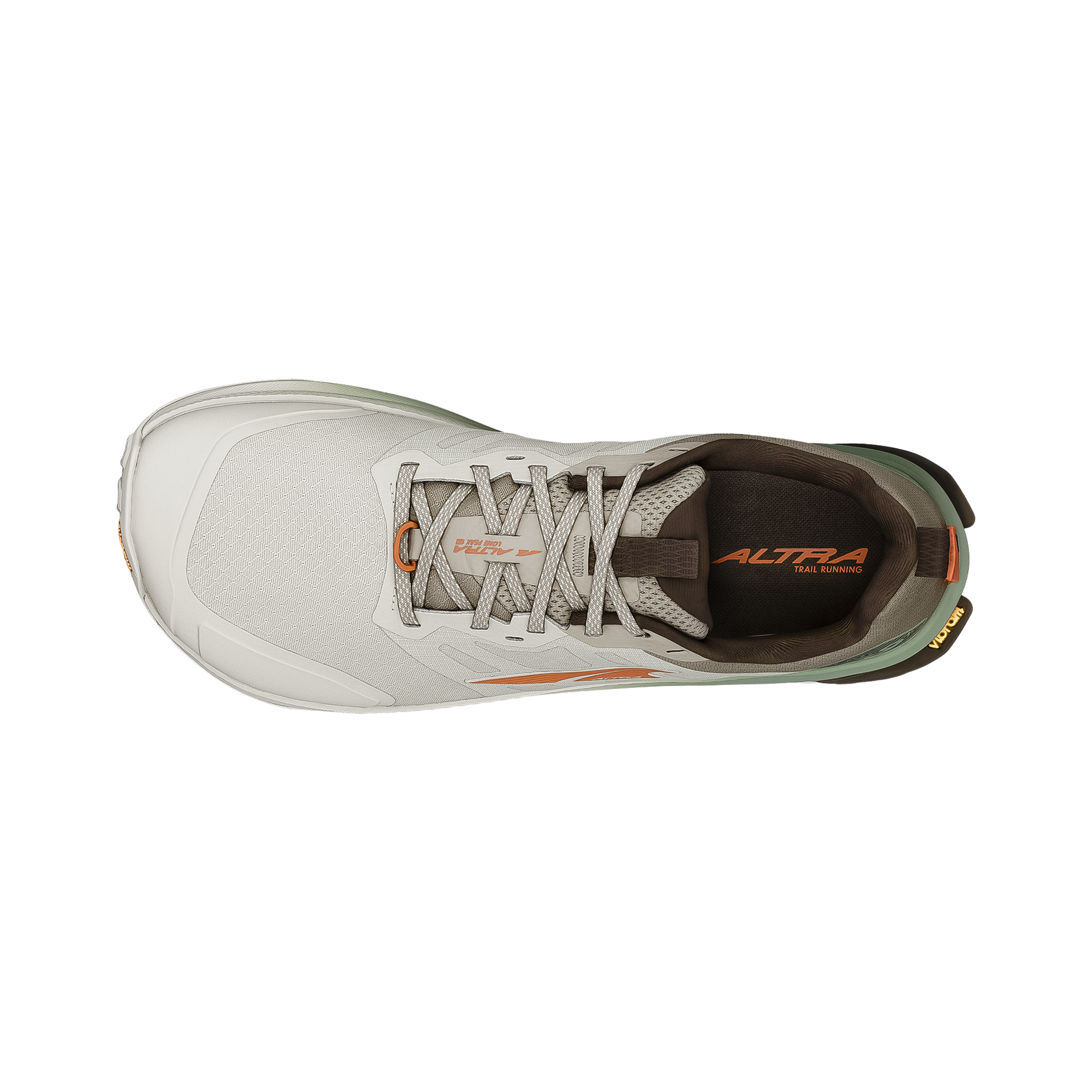Altra men's Lone Peak 9+ shoe in beige and green built for trail running with a durable upper, responsive cushioning, and excellent grip.