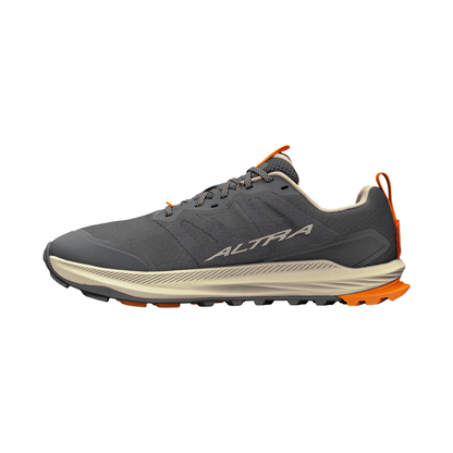 Altra Lone Peak 9+ shoe in dark gray designed for trail running, offering comfort, traction, and a natural foot movement on rugged terrain.