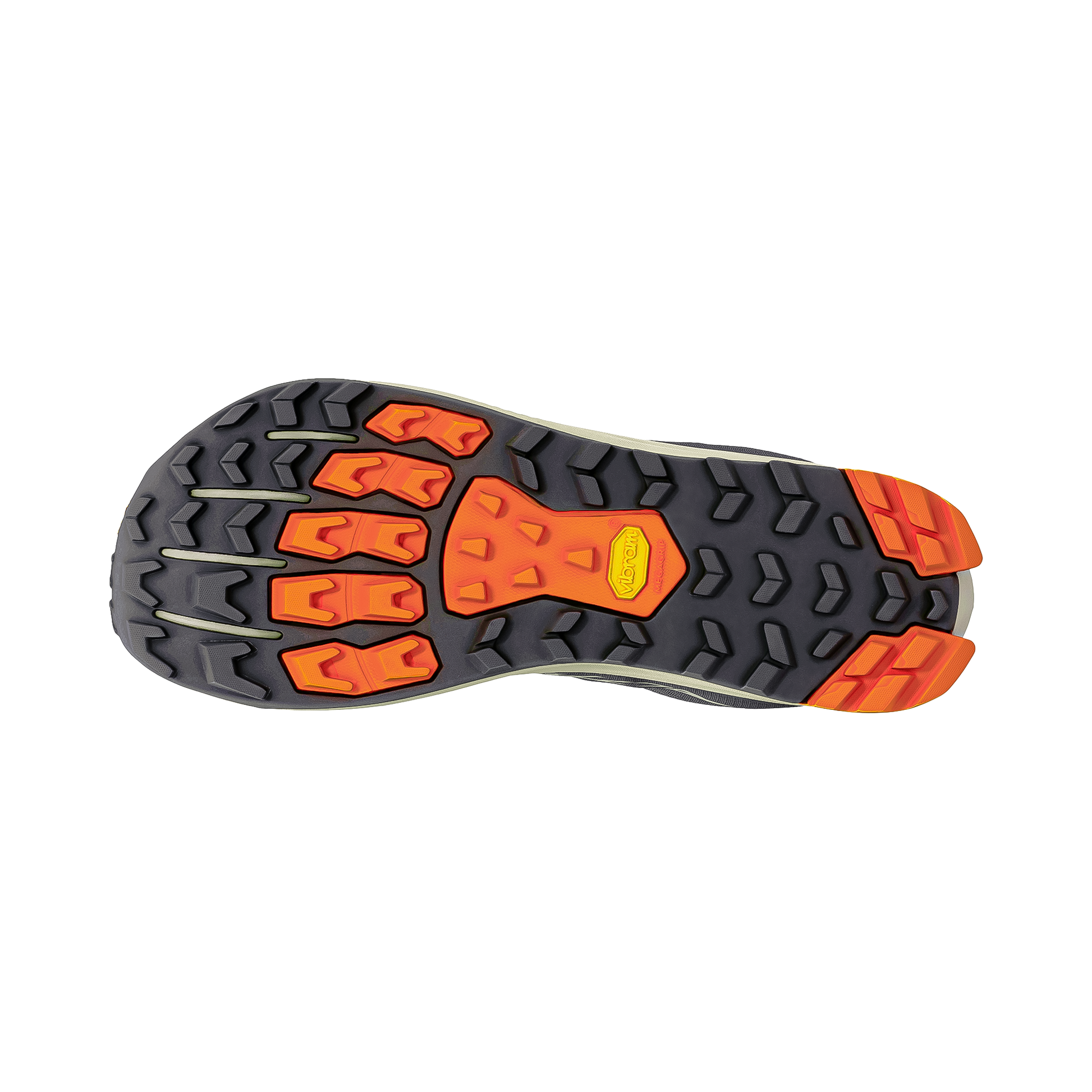 Sole of Altra trail runner in orange and dark gray, designed for optimal grip and comfort on various rugged terrains.
