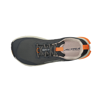Altra Lone Peak 9+ trail shoe in dark gray and orange, featuring a comfortable fit and excellent grip for diverse trail conditions.