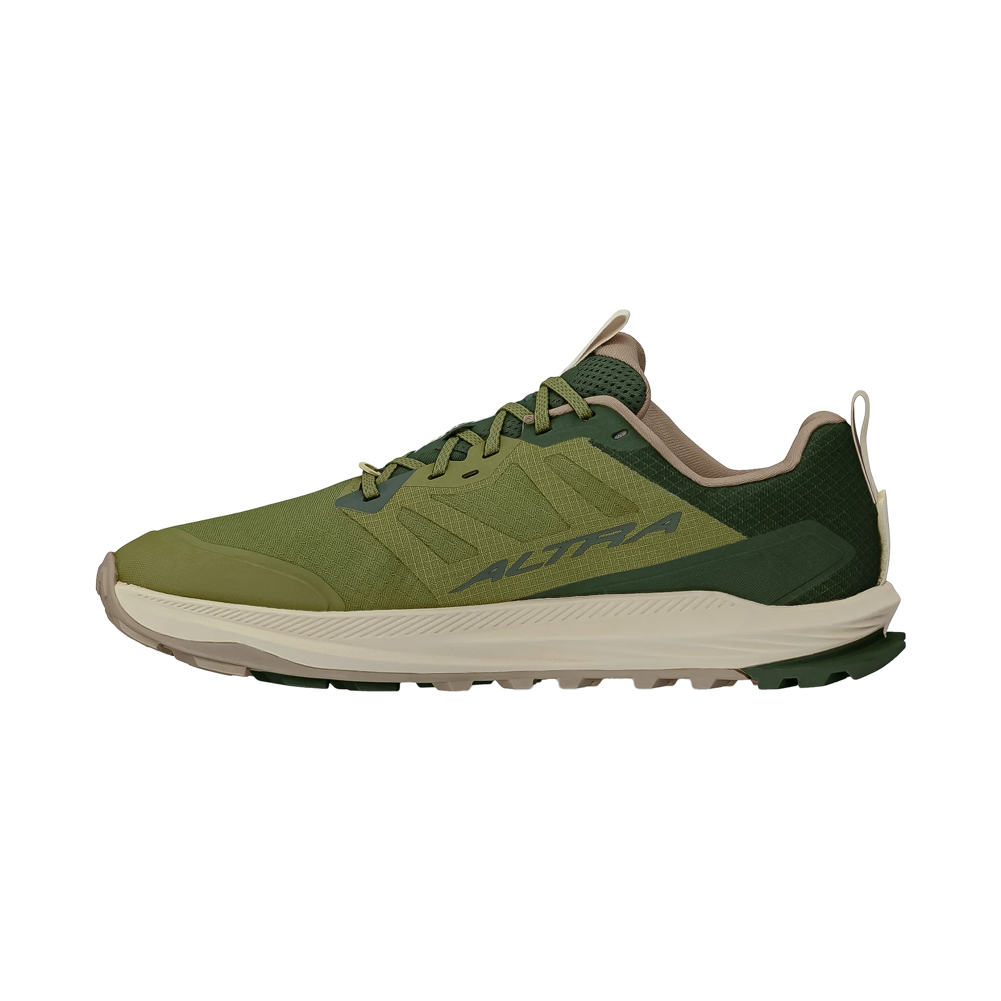 Green Altra men's lone peak 9+ trail running shoe offering responsive cushioning and a zero-drop design for optimal trail performance.