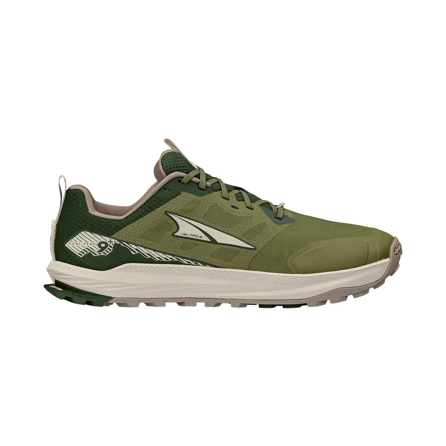 Altra men's Lone Peak 9+ trail running shoe in green designed for comfort and grip, with a zero-drop platform and durable mesh upper.