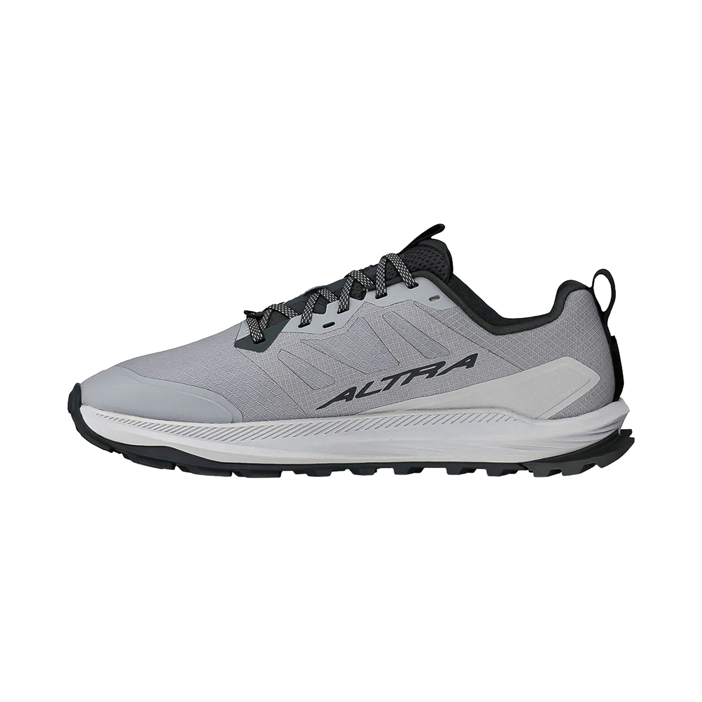 Altra Men's Lone Peak 9+ wide shoe in gray, ideal for trails, featuring a zero-drop platform, Vibram outsole, and protective StoneGuard insert.