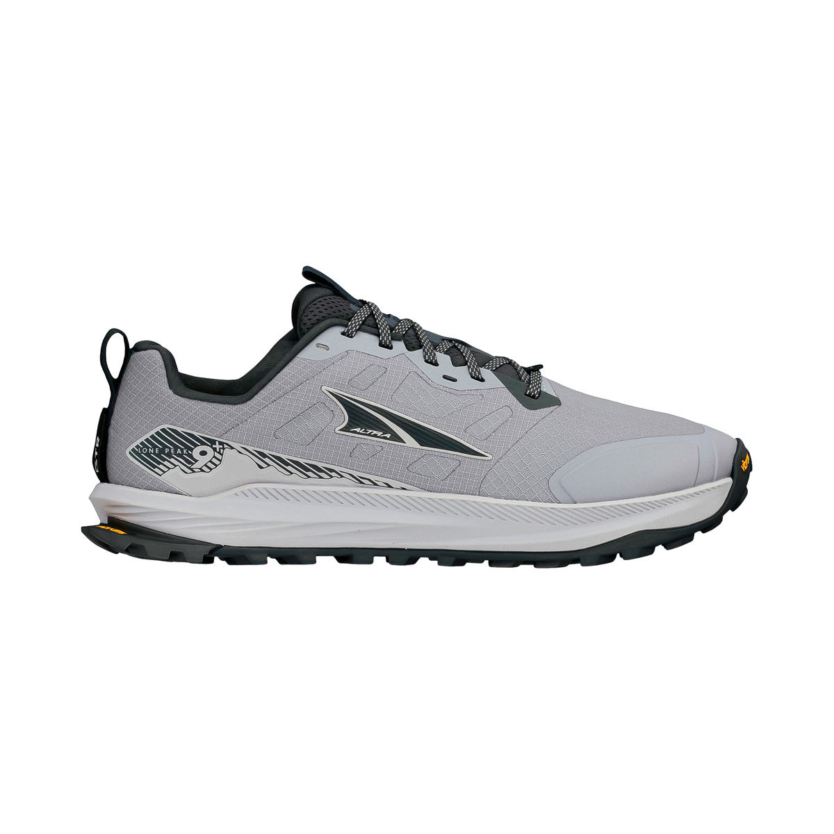 Gray Altra Men's Lone Peak 9+ trail running shoe, featuring a wide toe box, zero-drop platform, and Vibram Megagrip outsole.