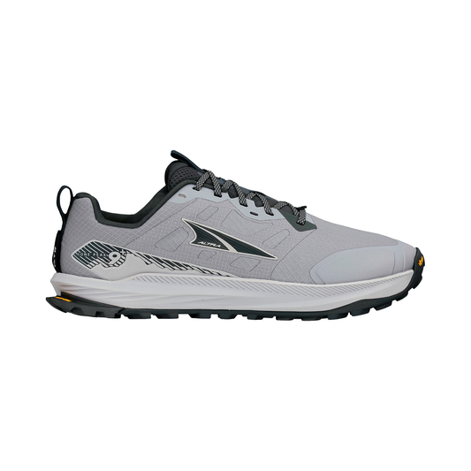 Gray Altra Men's Lone Peak 9+ trail running shoe, featuring a wide toe box, zero-drop platform, and Vibram Megagrip outsole.