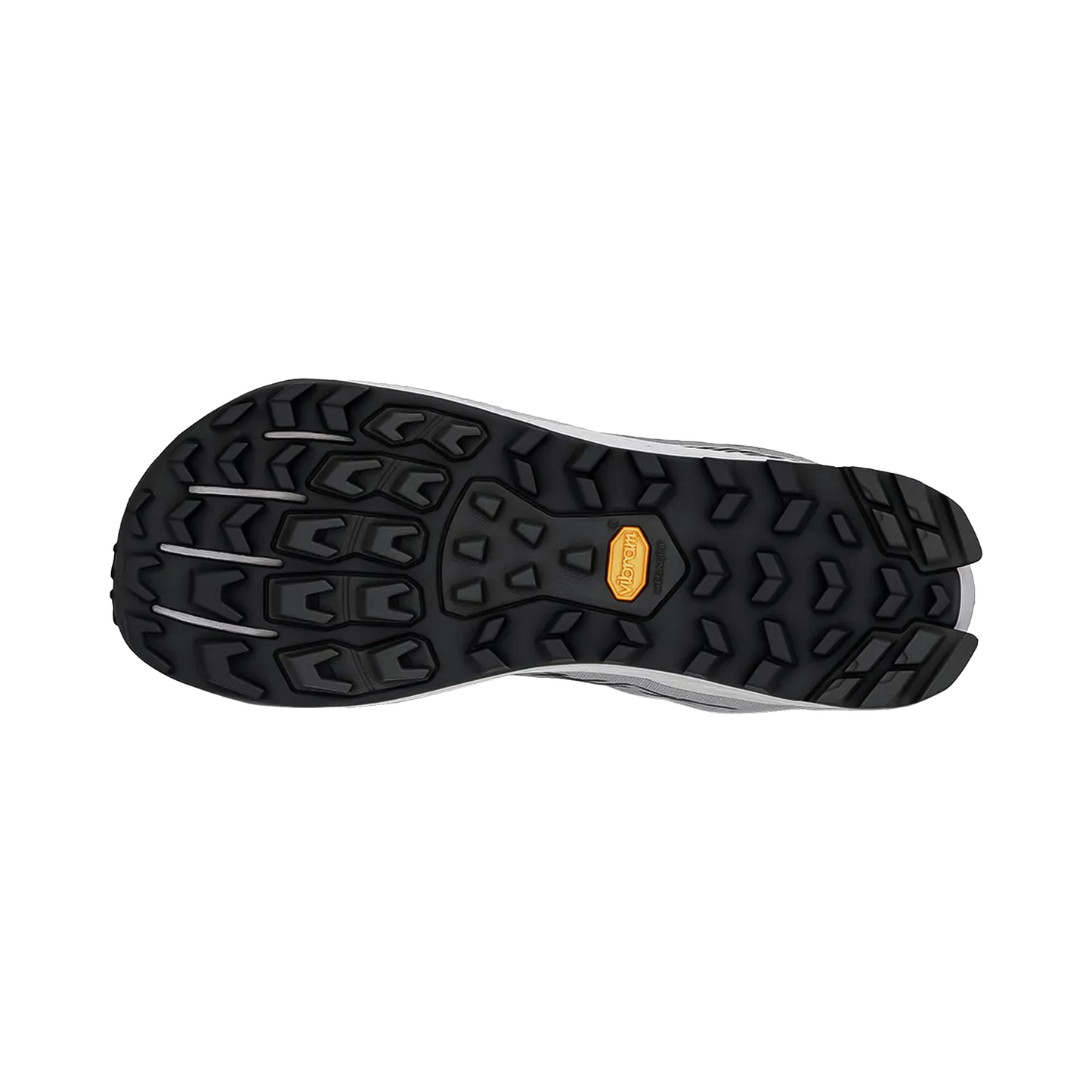 Sole of a gray Altra Lone Peak 9+ wide shoe, featuring a Vibram Megagrip outsole for trail traction.