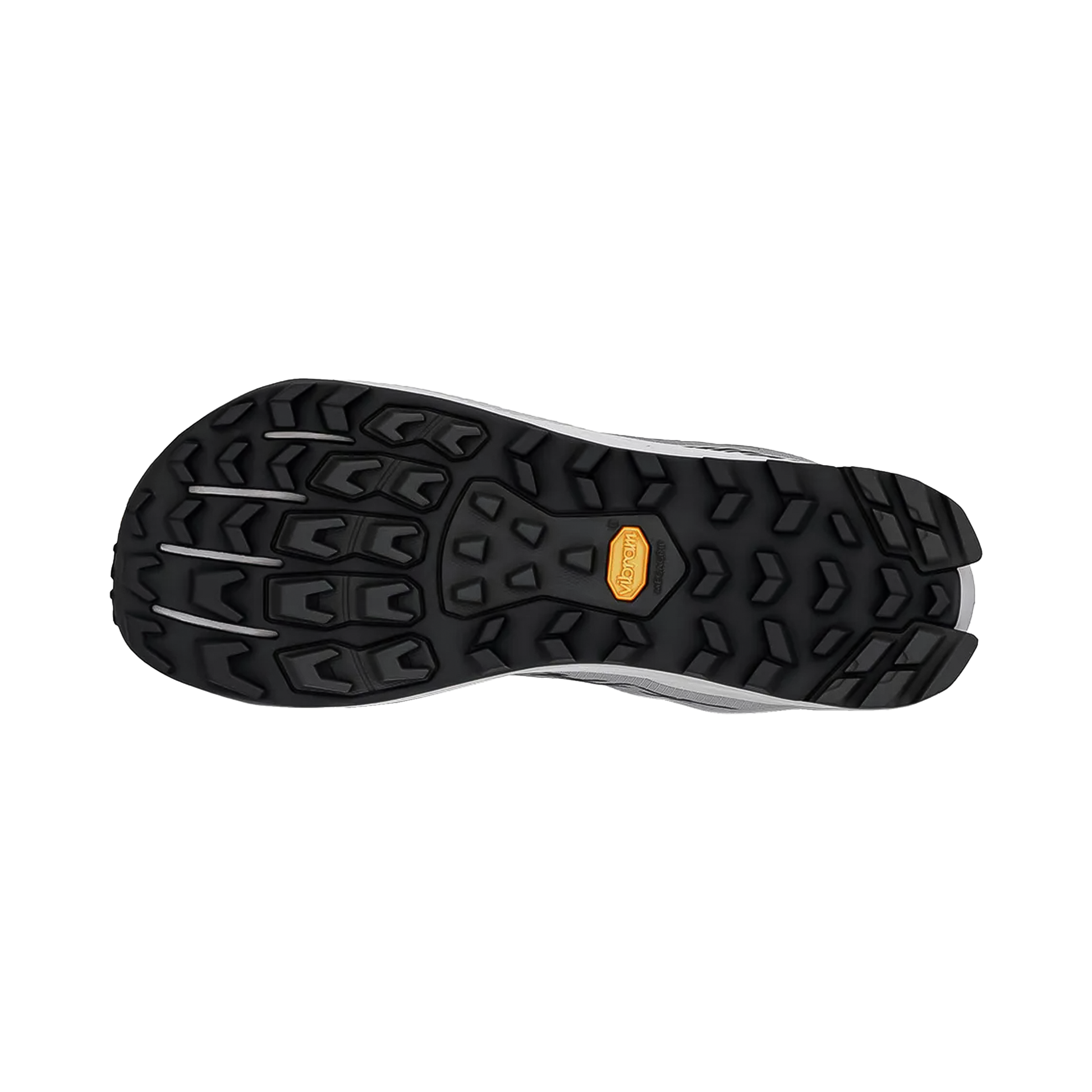 Sole of a gray Altra Lone Peak 9+ wide shoe, featuring a Vibram Megagrip outsole for trail traction.