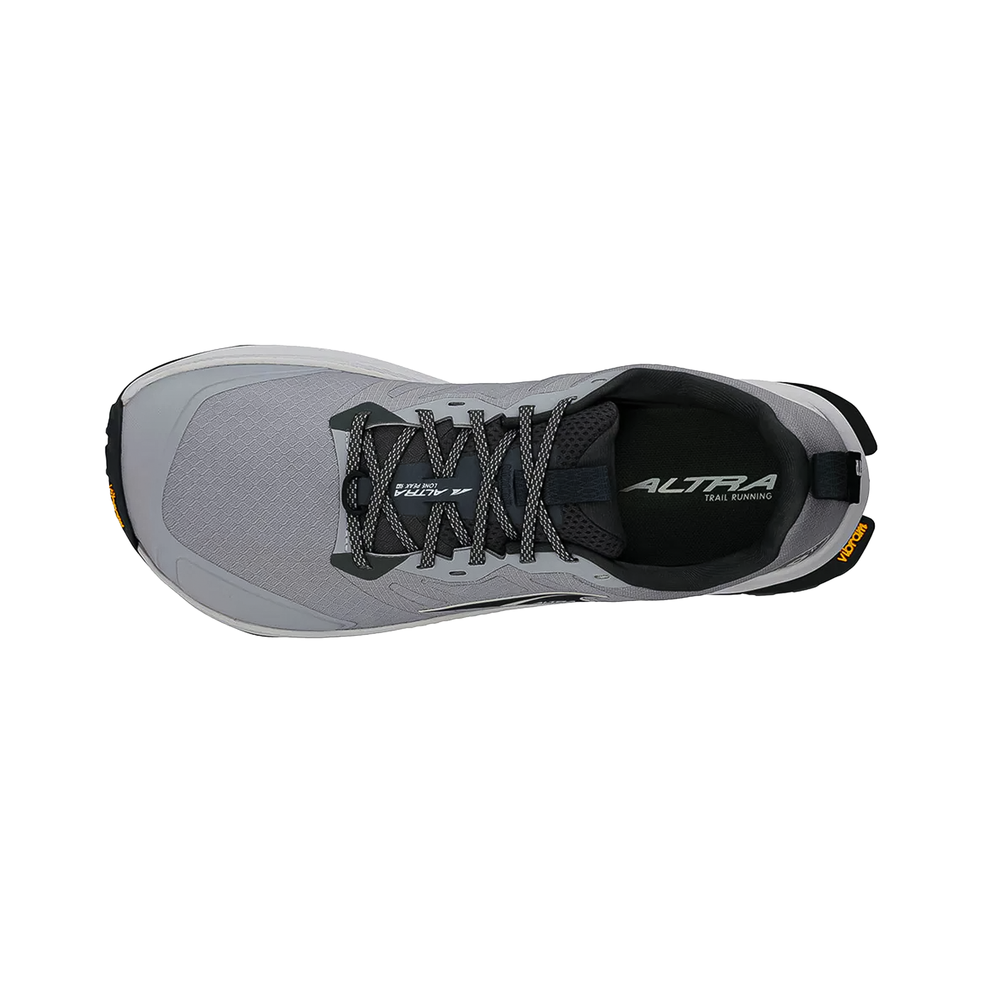 Altra Men's Lone Peak 9+ wide shoe in gray viewed from the top, emphasizing its natural foot movement features and rugged outsole.