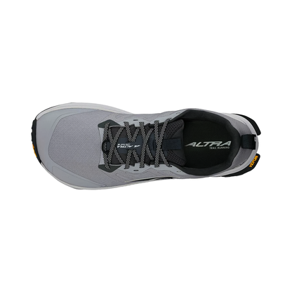 Altra Men's Lone Peak 9+ wide shoe in gray viewed from the top, emphasizing its natural foot movement features and rugged outsole.