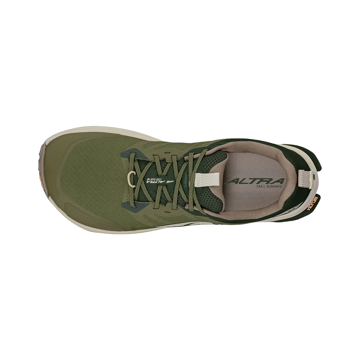 Top view of Altra Men's Lone Peak 9+ trail running wide shoe, featuring a wide toe box and rugged Vibram Megagrip outsole.