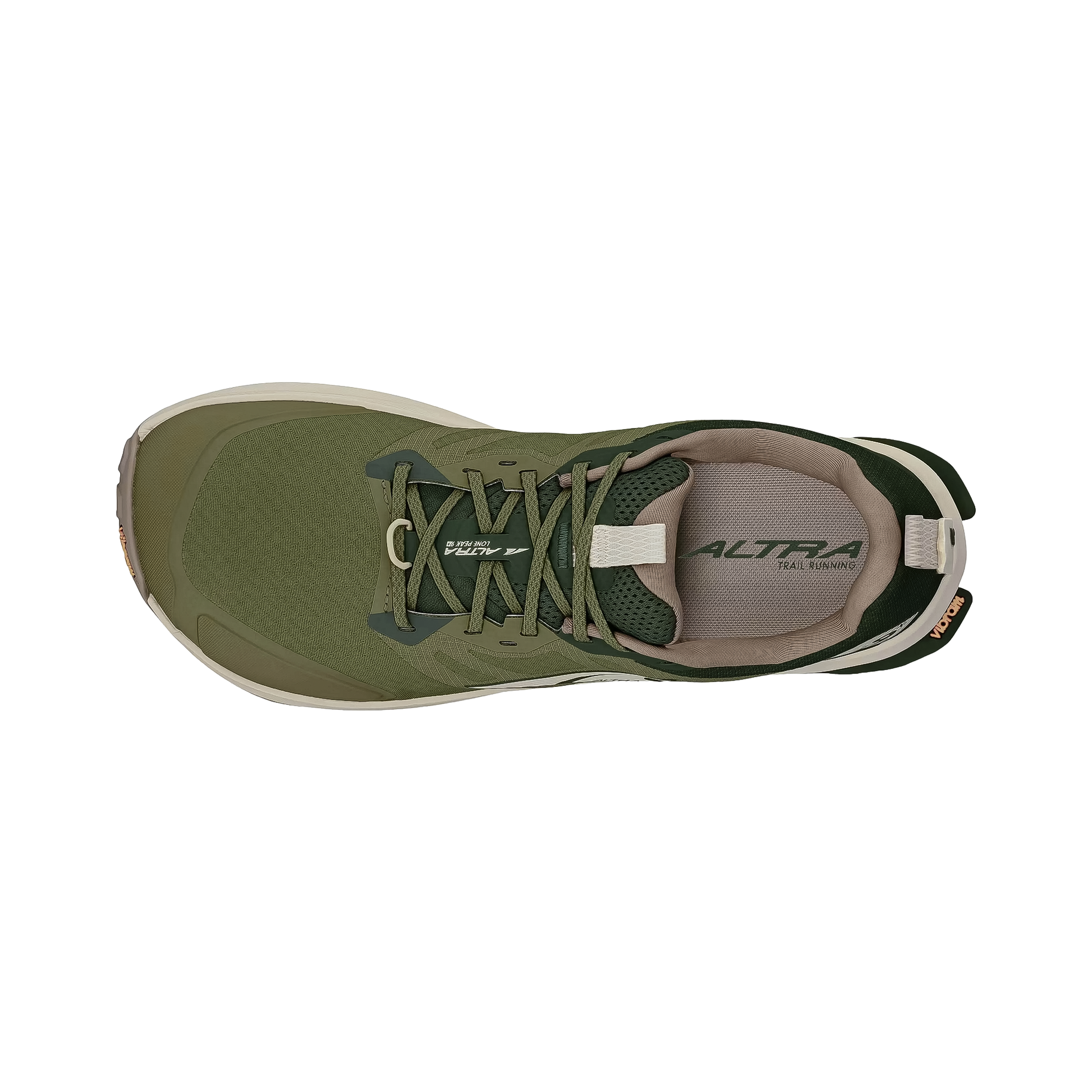 Top view of Altra Men's Lone Peak 9+ trail running wide shoe, featuring a wide toe box and rugged Vibram Megagrip outsole.