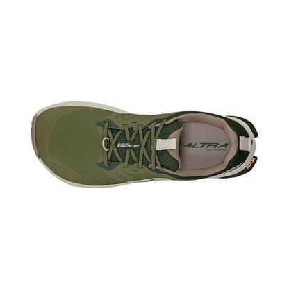 Top view of Altra Men's Lone Peak 9+ trail running wide shoe, featuring a wide toe box and rugged Vibram Megagrip outsole.
