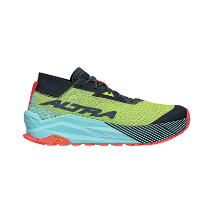 Neon green and blue Altra Olympus 275 men's trail running shoe for rugged terrain.  