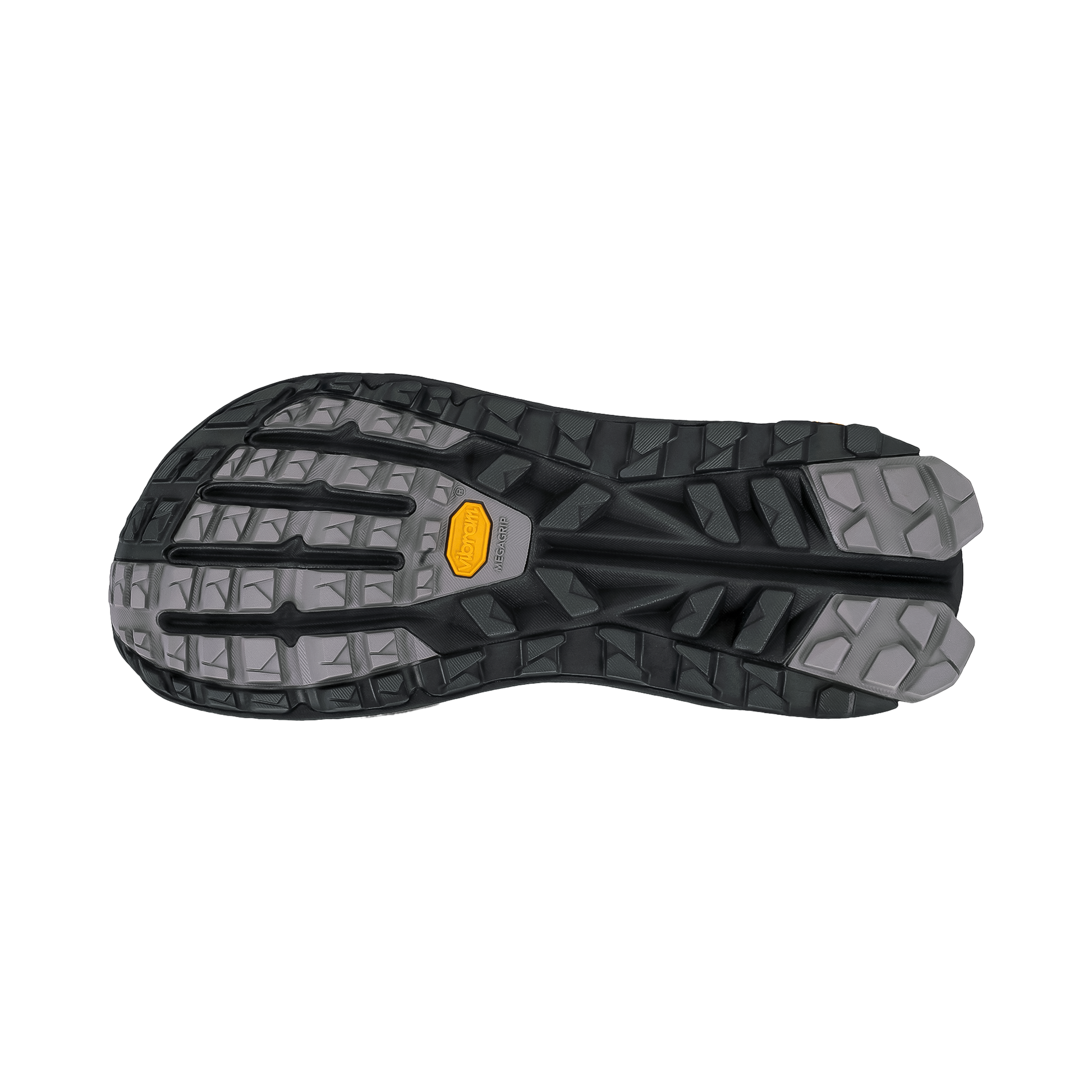 Close-up of the black and gray sole of Altra Olympus 6 Trail Running Shoes, showcasing the updated lug pattern for traction.