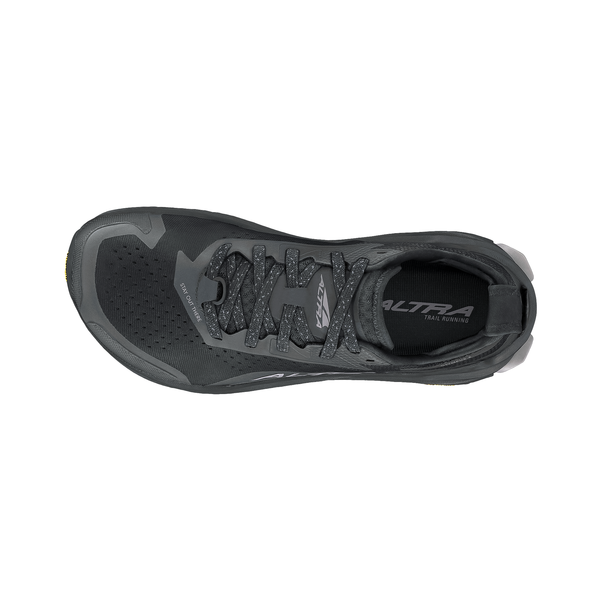 Black Altra Olympus 6 Trail Running shoe showcasing its durable mesh upper and rugged outsole for traction.