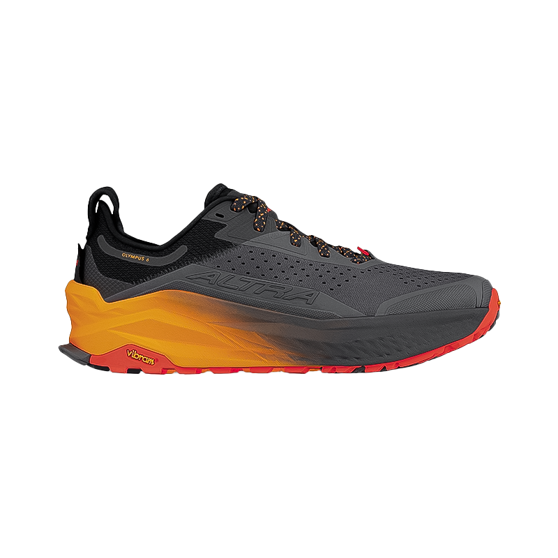 Altra men's Olympus 6 trail running shoes in black and orange offer durability and traction for any terrain.