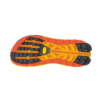 The sole of the Altra Olympus 6 Trail Running Shoe in orange and black, highlighting its grip and underfoot lug pattern.
