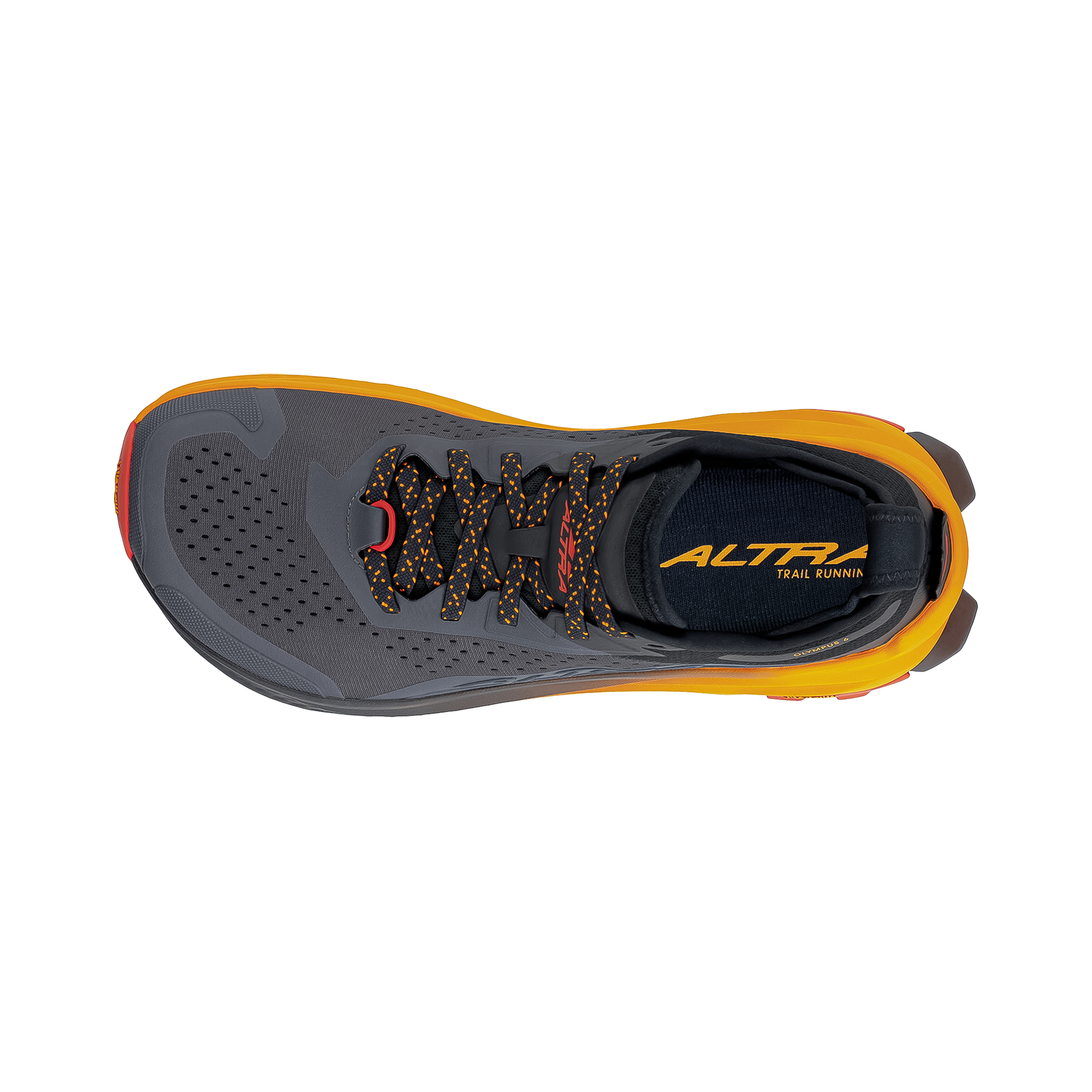 Top view of Altra Men's Olympus 6 trail running shoes in black and orange showcasing the breathable mesh upper and updated lug pattern.