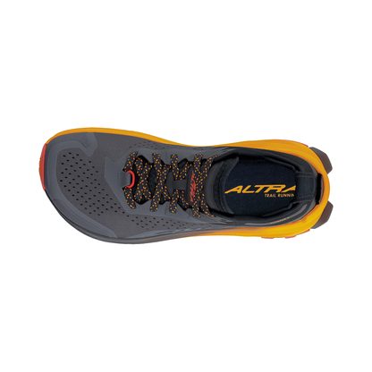 Top view of Altra Men's Olympus 6 trail running shoes in black and orange showcasing the breathable mesh upper and updated lug pattern.