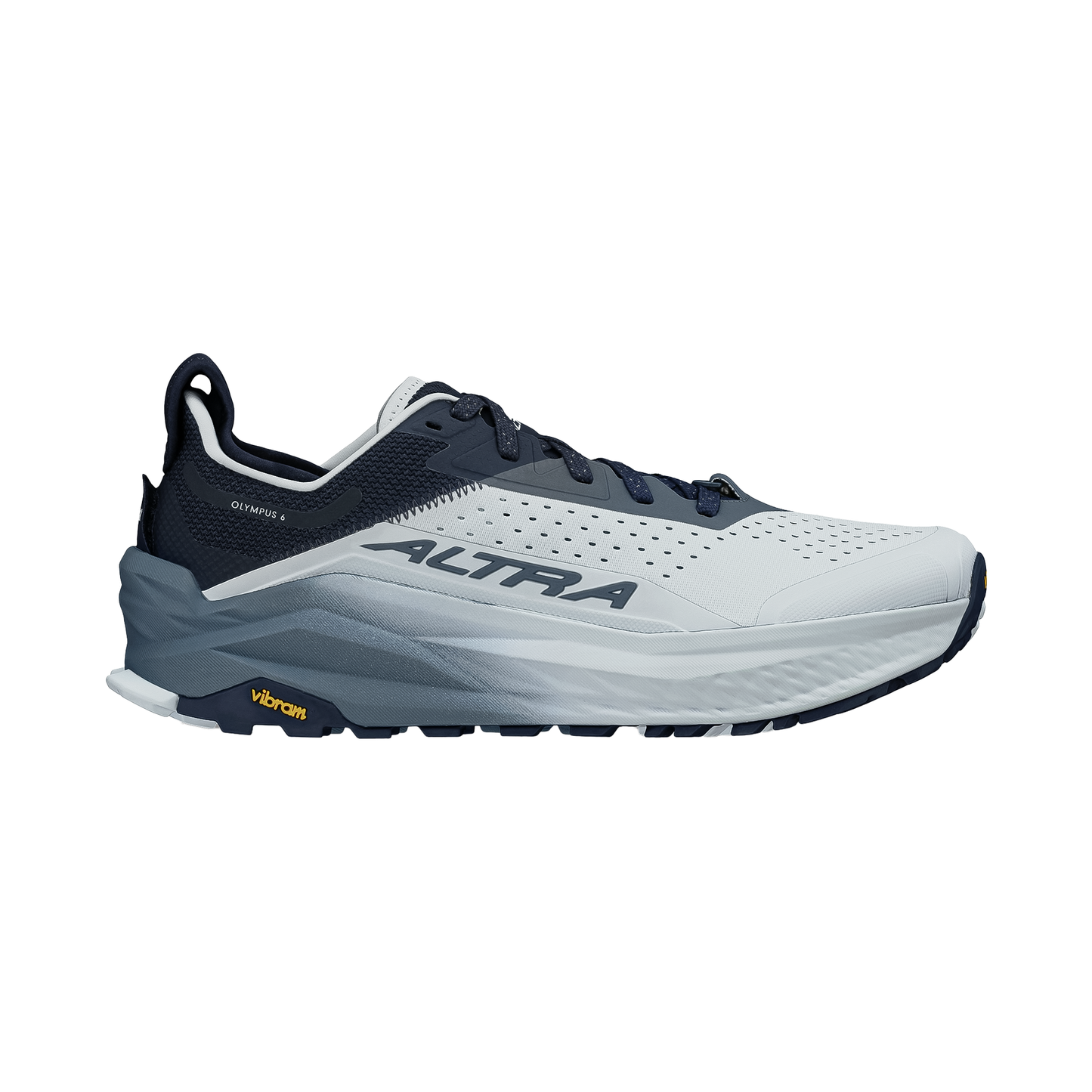 Men's Altra Olympus 6 shoes in blue showcasing their rugged design and traction for outdoor adventures.