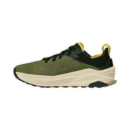 Green Altra Olympus 6 trail running shoes, designed for comfort and grip on various terrains with a lightweight build.