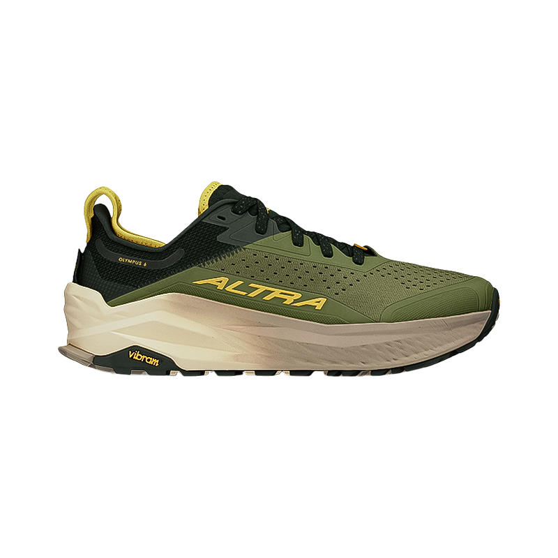 Altra Olympus 6 men's trail running shoes in green, featuring breathable mesh and Vibram outsole for traction.