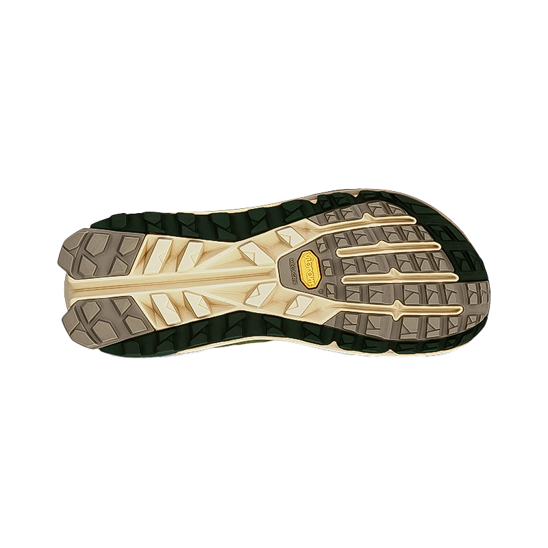 Close-up of the sole of green Altra Olympus 6 Trail Running Shoes on a white background, showcasing its rugged traction design.