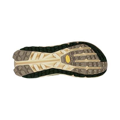 Close-up of the sole of green Altra Olympus 6 Trail Running Shoes on a white background, showcasing its rugged traction design.