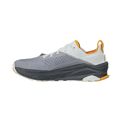 Altra Olympus 6 Trail Running Shoes displayed in grey and orange, offering durability and traction for adventurous trails.