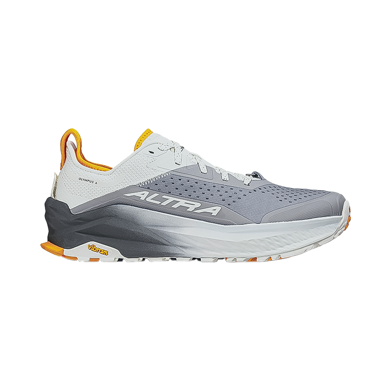 Grey and orange Altra Olympus 6 Trail Running Shoes, designed for comfort and grip on various terrains.