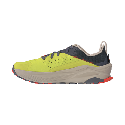 Men's Altra olympus 6 trail running shoe in neon green with gray and beige details, designed for durability and grip on both wet and dry surfaces.