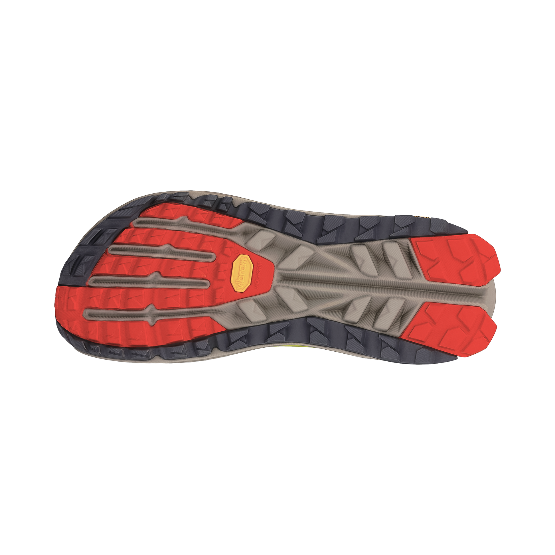 The sole of the Altra Olympus 6 in red orange and grey, featuring a rugged design for optimal traction on trails and uneven surfaces.