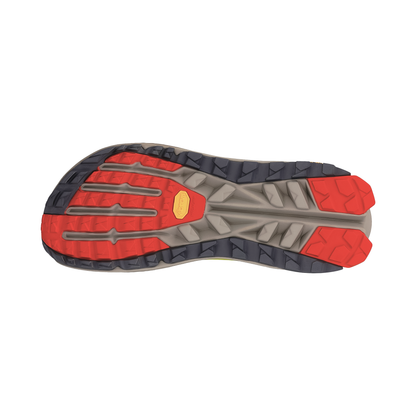 The sole of the Altra Olympus 6 in red orange and grey, featuring a rugged design for optimal traction on trails and uneven surfaces.