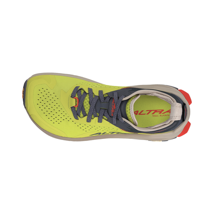 Neon green Altra Olympus 6 trail running shoe with a grey and orange sole, featuring a breathable mesh upper and rugged traction lugs.