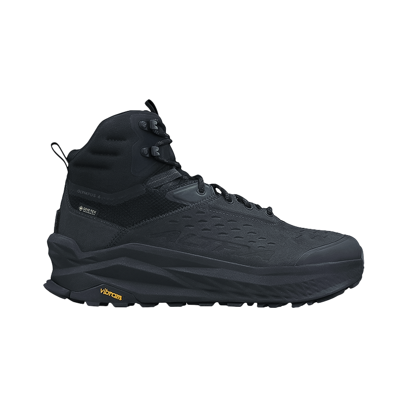 Black Altra men's trail shoe with a black sole, designed for outdoor comfort.