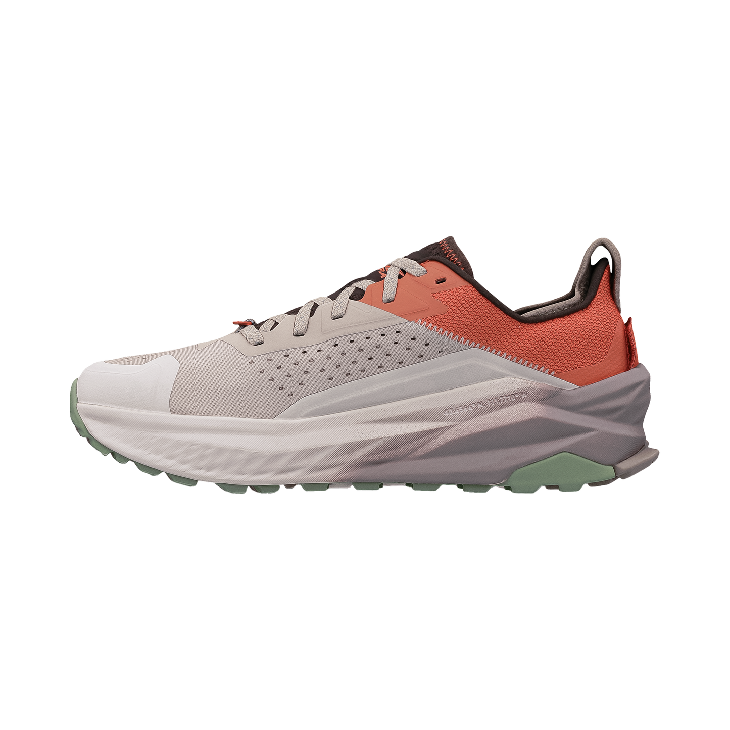 Altra Olympus 6 trail running shoe in light beige and orange, designed for comfort with a breathable mesh upper and premium grip.