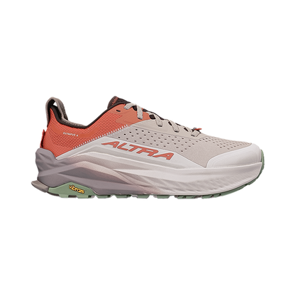 Beige and orange Altra men's olympus 6 trail running shoes, built for durability and traction on challenging trails.