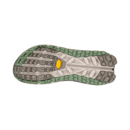 Green and gray sole of the Altra Olympus 6 Trail Running Shoe, showcasing its traction and durable design for outdoor adventures.