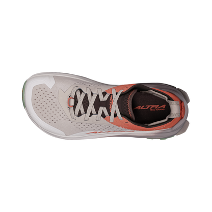 Altra Olympus 6 Trail Running Shoes in beige and orange, featuring a breathable upper and Vibram outsole for traction.