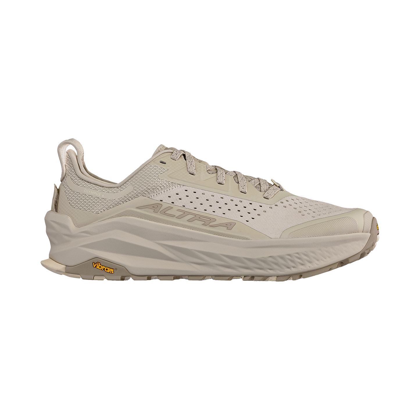 Beige Altra Olympus 6 trail running shoe featuring a breathable upper and rugged outsole for optimal traction on various terrains.