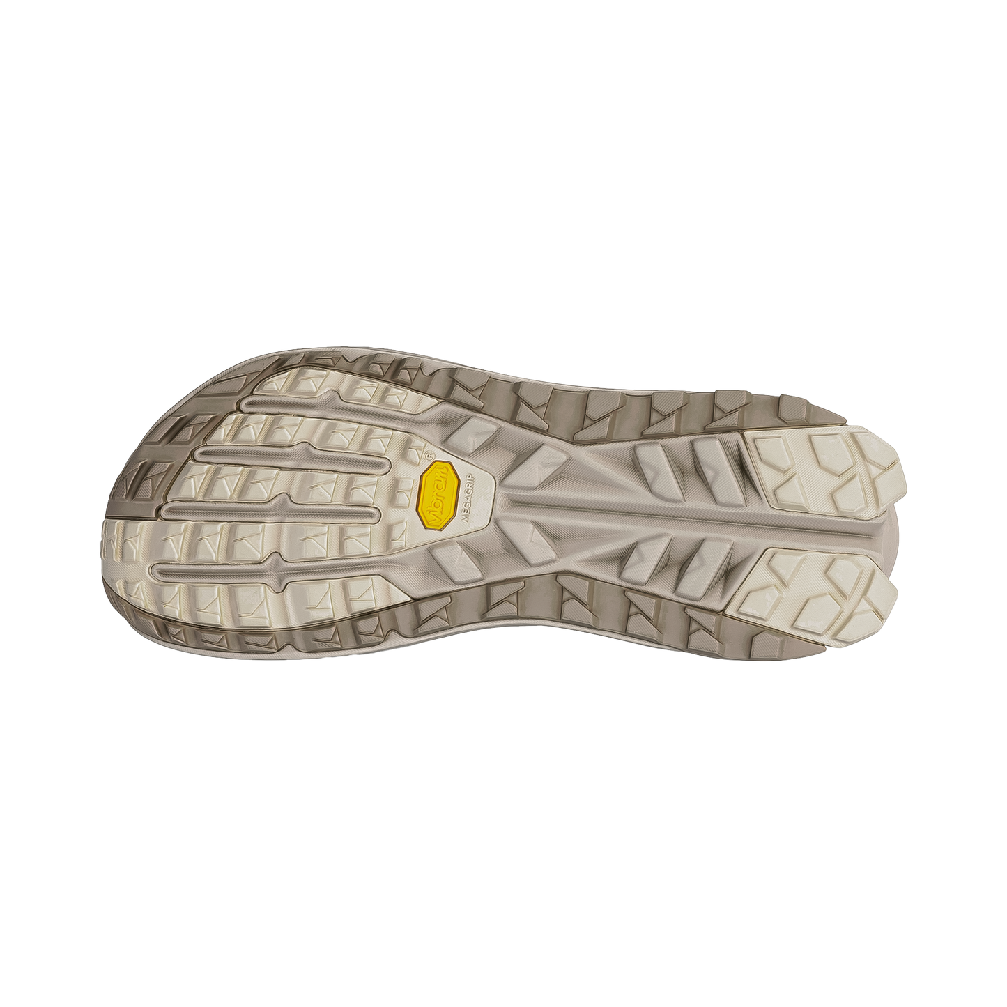 The sole of the beige Altra Olympus 6 Trail Running shoe, featuring a rugged lug design for optimal grip on wet and dry surfaces.