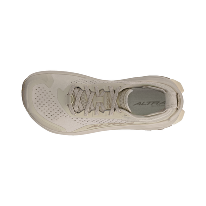 Beige Altra Olympus 6 trail running shoe showcasing a durable mesh upper and a robust outsole for enhanced trail performance.