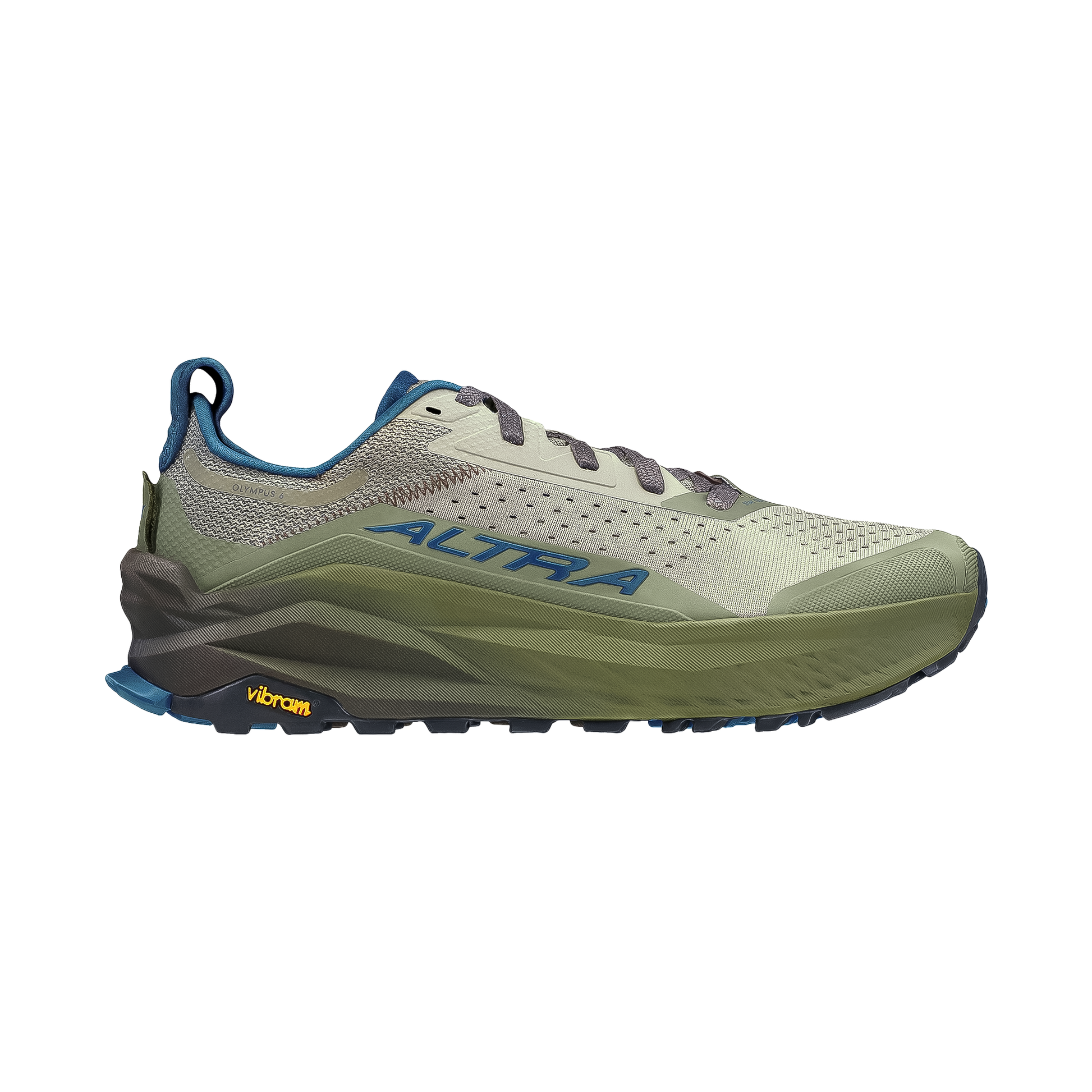 Altra Men's Olympus 6 Trail Running Shoes in green, showcasing their durable mesh upper and rugged outsole design.