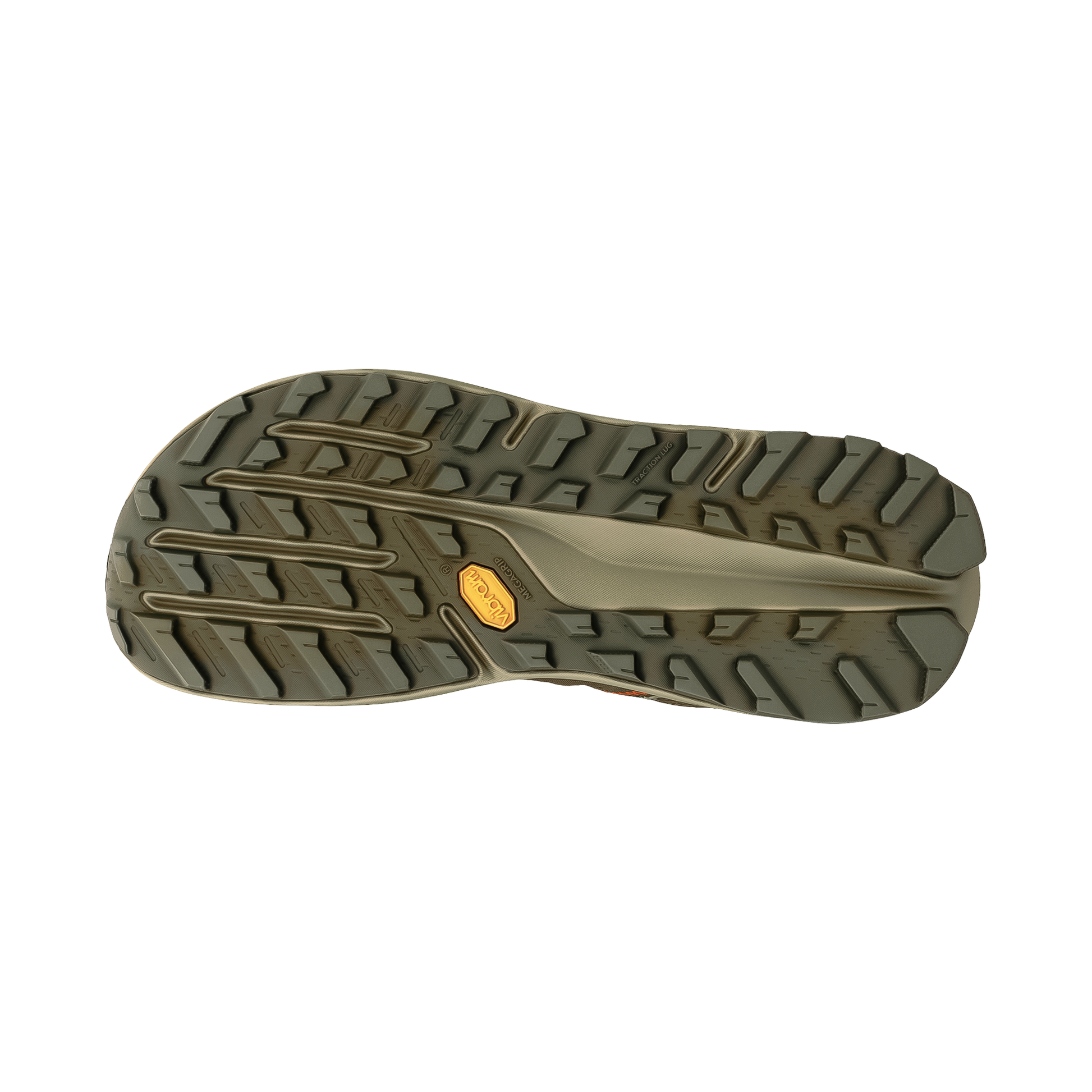 Close-up of the olive green Altra Olympus 7 shoe sole, showcasing its Vibram Megagrip outsole and traction lugs for stability on trails.