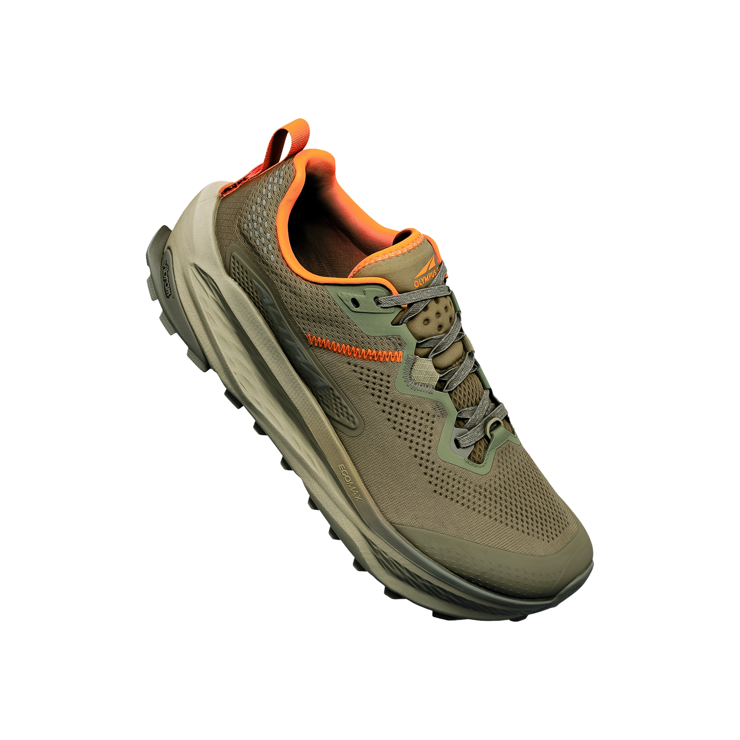 Olive green and orange Hoka One One trail running shoe, featuring a cushioned sole and rugged outsole for trail grip.