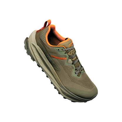 Olive green and orange Hoka One One trail running shoe, featuring a cushioned sole and rugged outsole for trail grip.