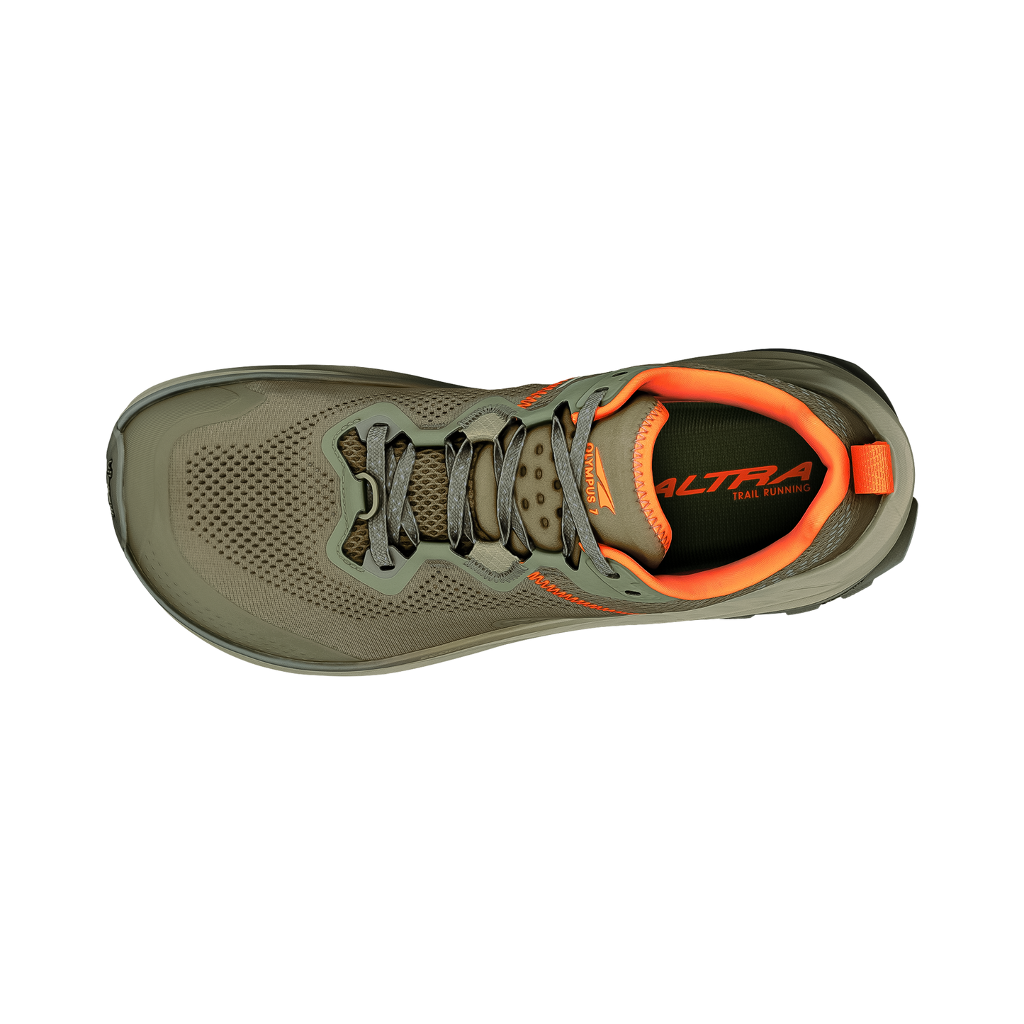 Top view of Altra Olympus 7 men's trail running shoe, showcasing its cushioned design and breathable upper for comfort.